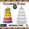 Coloring page featuring a vibrant birthday cake illustration alongside a black-and-white version, from cozy coloring book series at artcoloringpage.com.