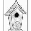 A black and white illustration of a birdhouse with a pointed roof, a circular entrance, and a large daisy flower at the base.
