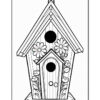A black and white illustration of a decorative birdhouse with a triangular roof, multiple circular entrance holes, and surrounded by flowers at the base and around the entrance. The birdhouse features vertical wooden panels.