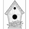 A black and white outline drawing of a birdhouse with a triangular roof, two circular openings, and surrounded by flowers at the base.
