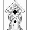 A black and white illustration of a birdhouse adorned with flowers, featuring a circular entrance hole, a small side door, and intricate floral patterns along the sides.