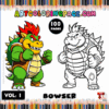 Bowser character illustration with a colored version on the left and a black-and-white outline on the right; from artcoloringpage.com, features cozy coloring pages.