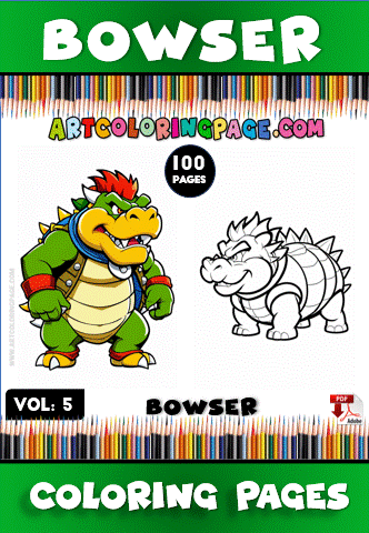 Bowser coloring page from artcoloringpage.com, featuring a colorful and black-and-white illustration, part of the cozy coloring book series.