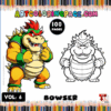 Bowser coloring page with detailed illustration and text promoting artcoloringpage.com, featuring cozy coloring book and pages.
