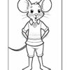 A cartoon mouse character standing with hands on hips, wearing a V-neck shirt and shorts, with large ears and a cheerful expression.