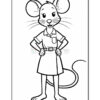 A cartoon mouse character wearing a short-sleeved shirt and a skirt, standing with hands on hips, featuring large ears and a cheerful expression.