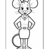 A cartoon mouse character stands confidently with its hands on its hips, wearing a dress and a collar, featuring large round ears and a cheerful expression.