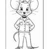 A cartoon-style drawing of a smiling mouse character standing with hands on its hips, wearing a long-sleeved shirt, pants, and sneakers, against a white background for coloring.