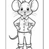 A cartoon mouse character standing with hands on hips, wearing a button-up shirt and jeans, featuring large ears and a cheerful expression.
