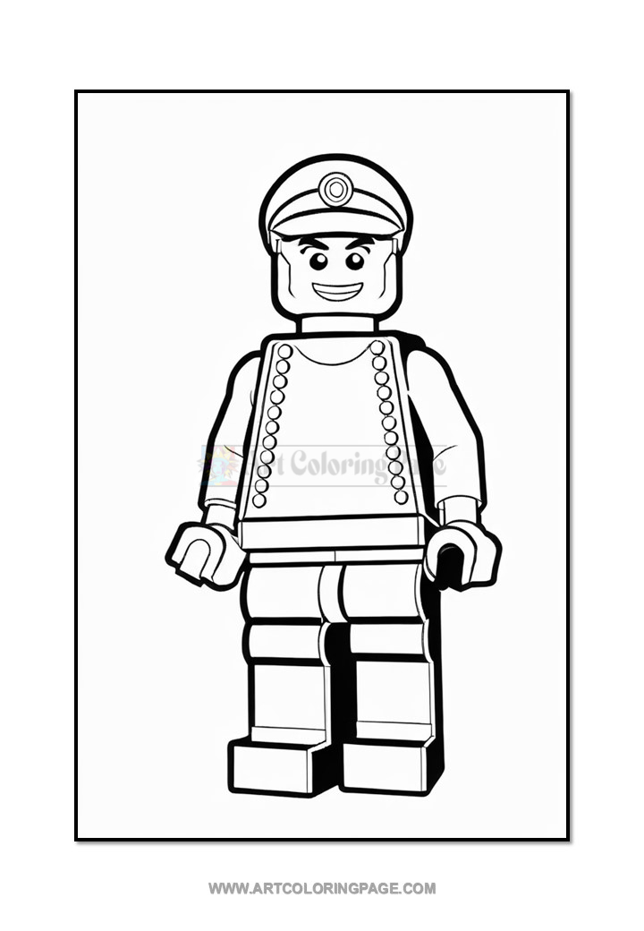A black and white outline drawing of a Lego minifigure with a smiling face, wearing a cap, a shirt with buttons, and simple pants. The figure is standing with one hand held slightly forward.