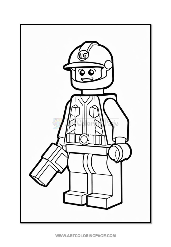 A black and white outline drawing of a LEGO-style construction worker figure, wearing a helmet and holding a tool in one hand, with a cheerful expression and detailed features on the uniform.