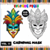Coloring page featuring detailed carnival masks, designed for a cozy coloring book, available at artcoloringpage.com.