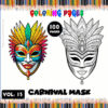 Coloring page featuring colorful carnival masks, with options for a cozy coloring book theme from artcoloringpage.com.