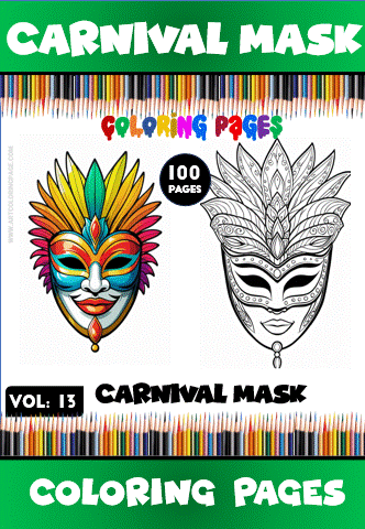 Coloring page featuring colorful carnival masks, with options for a cozy coloring book theme from artcoloringpage.com.