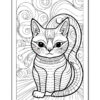 A black and white line drawing of a stylized cat sitting with a patterned fur design, surrounded by swirls in the background and rays emanating from the base, suitable for coloring.