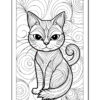 A black and white illustration of a cat sitting against a background of swirling designs, featuring detailed fur patterns and large expressive eyes.