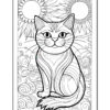 A black and white line drawing of a sitting cat surrounded by swirling patterns, with two suns and sunflowers in the background, designed for coloring.