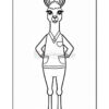 A cartoon-style outline drawing of a llama standing upright, wearing a v-neck sweater with a pocket, and posing with its hands on its hips. The llama has a friendly expression with large eyes and tufts of hair on its head, set against a plain white background.