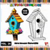 A colorful illustration of a birdhouse surrounded by flowers, featured in the cozy coloring book series from artcoloringpage.com.