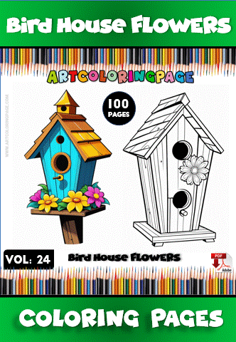 A colorful illustration of a birdhouse surrounded by flowers, featured in the cozy coloring book series from artcoloringpage.com.