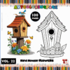 Birdhouse coloring page featuring flowers, from artcoloringpage.com, part of a cozy coloring book series with 100 pages.