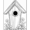 A hand-drawn, black-and-white illustration of a birdhouse with a rounded entrance hole, set against a background of various flowers and leaves at the base.