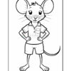 A cartoon mouse character standing confidently with hands on hips, wearing a collared shirt and shorts, with large ears and a long tail, outlined for coloring in a simple, playful style.