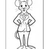 A cartoon mouse standing upright, wearing a formal suit with a tie, with its hands on its hips and a friendly expression.