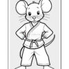A cartoon mouse character wearing a karate uniform, standing confidently with hands on hips, and looking towards the viewer. The mouse has large ears and a cheerful expression.