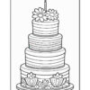 A multi-tiered birthday cake illustration, featuring horizontal stripes on each layer and adorned with flowers on the top layer and decorative floral designs at the base, topped with a single birthday candle.