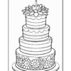 A three-tiered birthday cake illustration with decorative flowers, a candle on top, and wavy icing details, drawn in black and white for coloring.