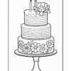 A three-tiered birthday cake decorated with two candles on top, a flower design and stripes on the tiers, and surrounded by daisies at the base, all in a coloring page style.