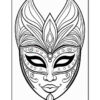 A detailed line art illustration of a decorative mask with elaborate patterns, featuring large pointed ears, closed eyes, and a stylized face. The mask is adorned with floral motifs and ornate designs along the edges, set against a plain background.