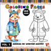 Cozy coloring pages featuring animals in winter outfits, part of a coloring book with 100 pages from artcoloringpage.com.