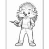 A cartoon hedgehog character wearing a shirt and pants, holding a pen, and smiling. The hedgehog has spiky hair and is depicted in a playful style suitable for coloring.