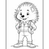 A cartoon hedgehog character stands confidently, wearing overalls with suspenders and shoes, smiling with a cheerful expression. The image is outlined and designed for coloring.
