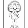 A cartoon hedgehog character with spiky hair, wearing a button-up shirt, tie, and pants, standing with hands on hips and smiling.