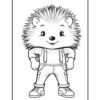A cute cartoon hedgehog character wearing overalls and sneakers, smiling with an oversized head and spiky fur, set against a blank background, suitable for coloring.