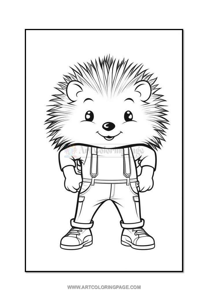 A cute cartoon hedgehog character wearing overalls and sneakers, smiling with an oversized head and spiky fur, set against a blank background, suitable for coloring.