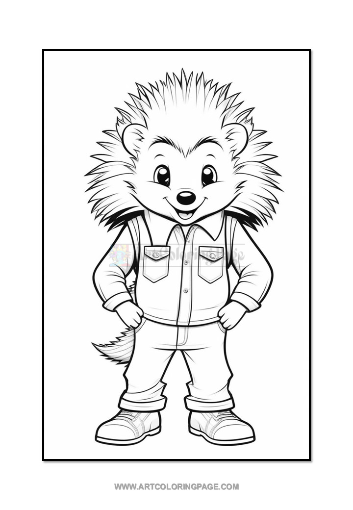 A cartoon hedgehog character with spiky hair, wearing a button-up shirt and pants, standing confidently with hands on hips.