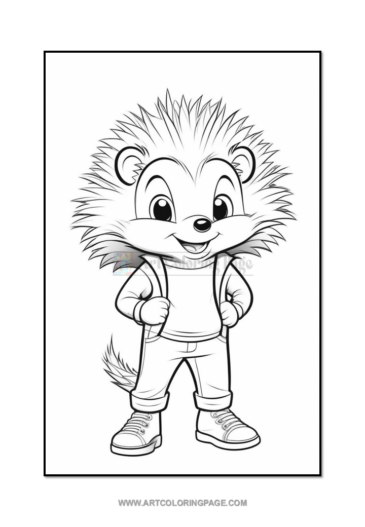 A cartoon hedgehog character with a spiky hairstyle, wearing a t-shirt, overalls, and sneakers, stands confidently with hands on hips, featuring a friendly smile and a bushy tail.