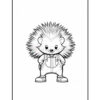 A cartoon hedgehog character wearing overalls and standing with hands on hips, featuring spiky hair and a friendly expression.