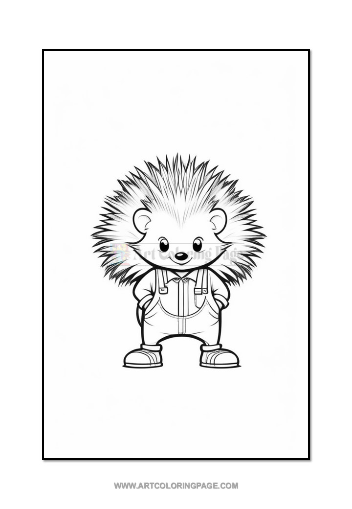 A cartoon hedgehog character wearing overalls and standing with hands on hips, featuring spiky hair and a friendly expression.