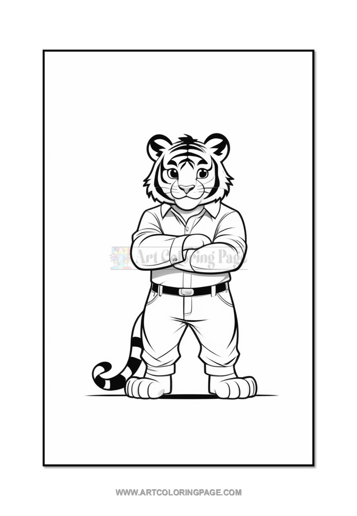 A cartoon tiger, standing with arms crossed, wearing a button-up shirt and pants, showcasing a friendly yet confident demeanor.