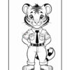A cartoon tiger character dressed as a police officer, standing confidently with hands on hips. The tiger has a friendly expression, wearing a uniform with a tie, short-sleeved shirt, and pants, and features prominent stripes. The background is plain white.
