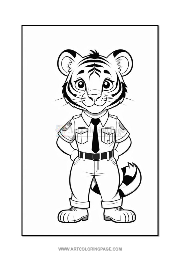 A cartoon tiger character dressed as a police officer, standing confidently with hands on hips. The tiger has a friendly expression, wearing a uniform with a tie, short-sleeved shirt, and pants, and features prominent stripes. The background is plain white.