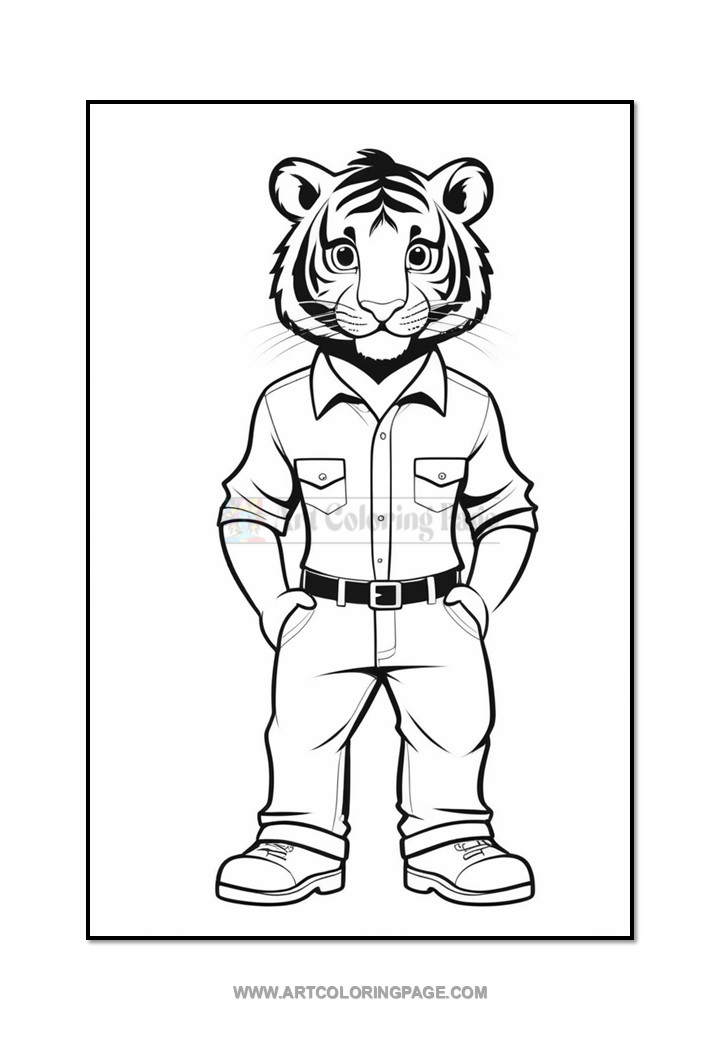 A cartoon tiger character wearing a buttoned shirt and pants with its hands in pockets, standing in a casual pose.