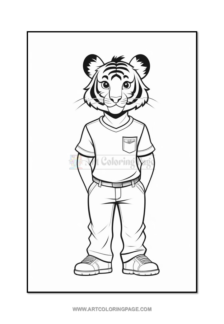 A cartoon tiger character standing upright with hands in pockets, wearing a short-sleeved shirt and pants, with a relaxed expression.