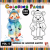 A cute animal in a winter outfit, featuring a colorful coat and a matching scarf, with a black and white outline for coloring.
