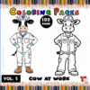 A cartoon cow in a work uniform, standing confidently alongside a blank coloring page, labeled